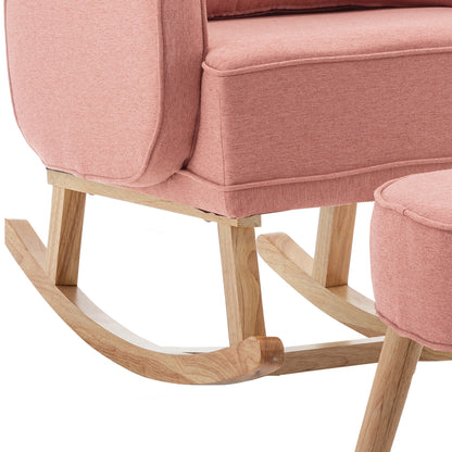 Close-up of the Aura Linen Rocking Chair with Ottoman in Light Pink, featuring natural-wood rocker rails, a cushioned seat, and a matching footstool, highlighting its elegant and sturdy design.