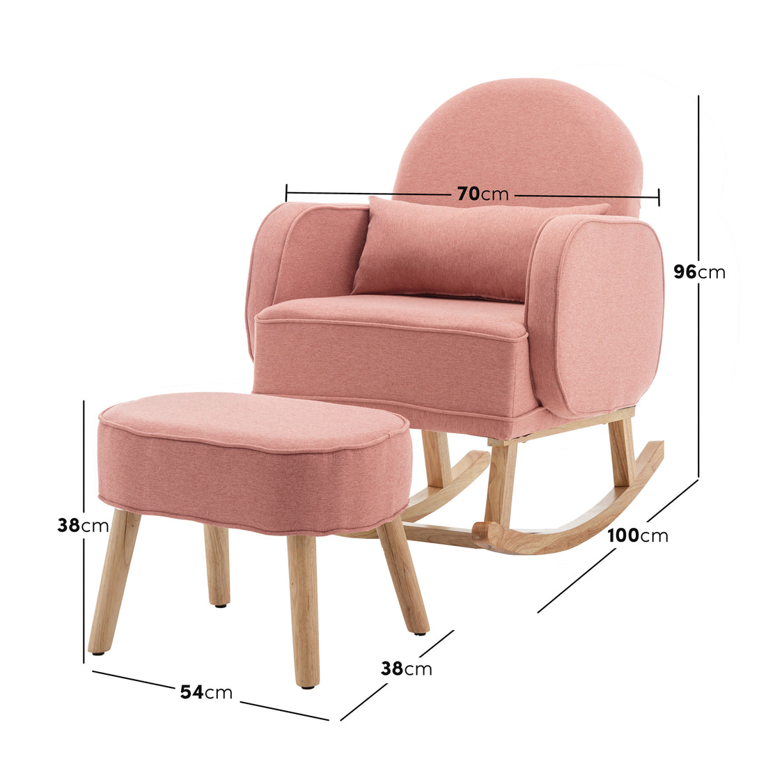 Aura Linen Rocking Chair with Ottoman in Light Pink, featuring a pink upholstered chair and matching footstool, both with light wood frames, showcasing dimensions for comfort and style in nursery or lounge settings.