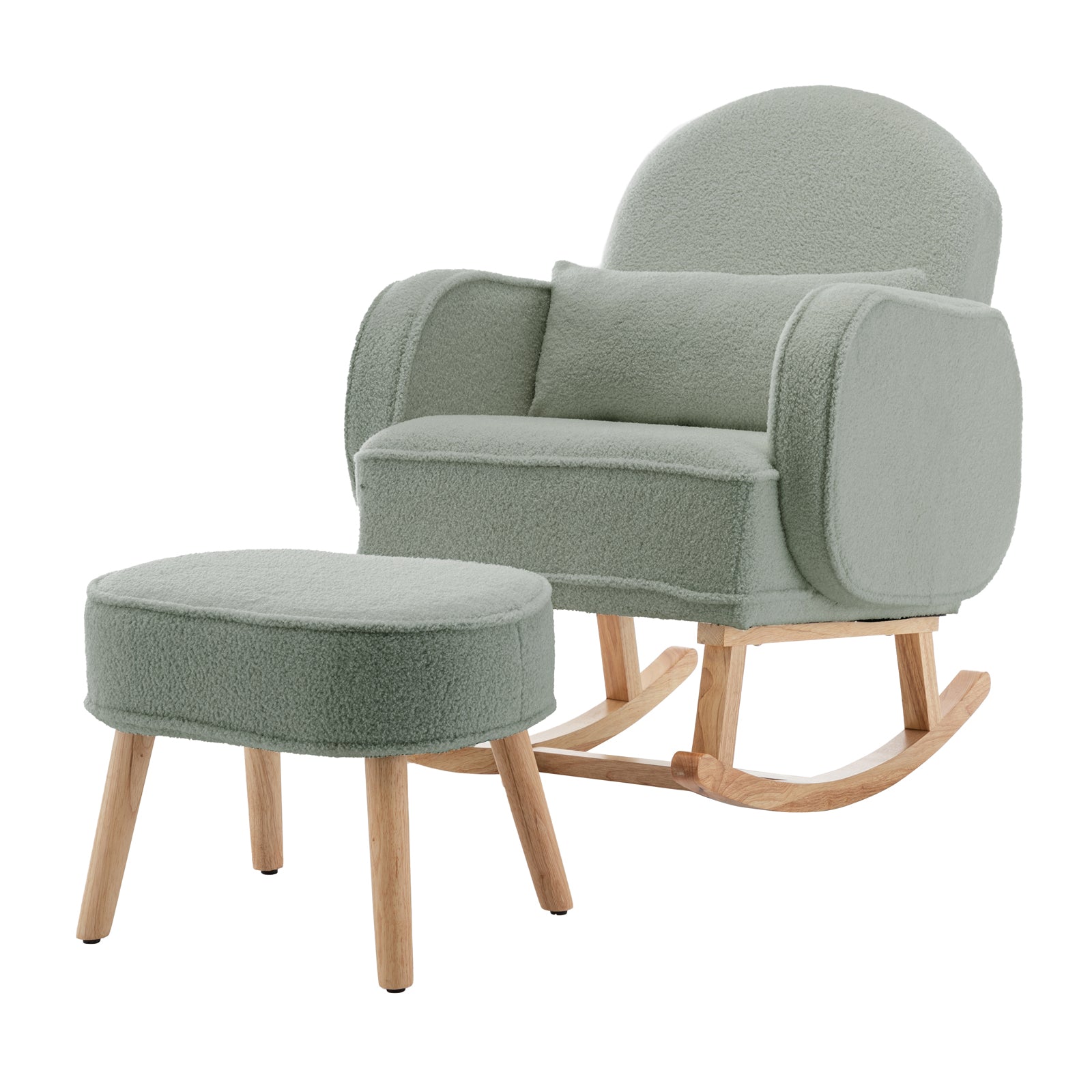 Aura Boucle Rocking Chair with Ottoman in Mint Green, featuring soft boucle fabric and light wood legs, includes a matching footstool. The chair sits on wooden rockers, offering a cozy, modern design.