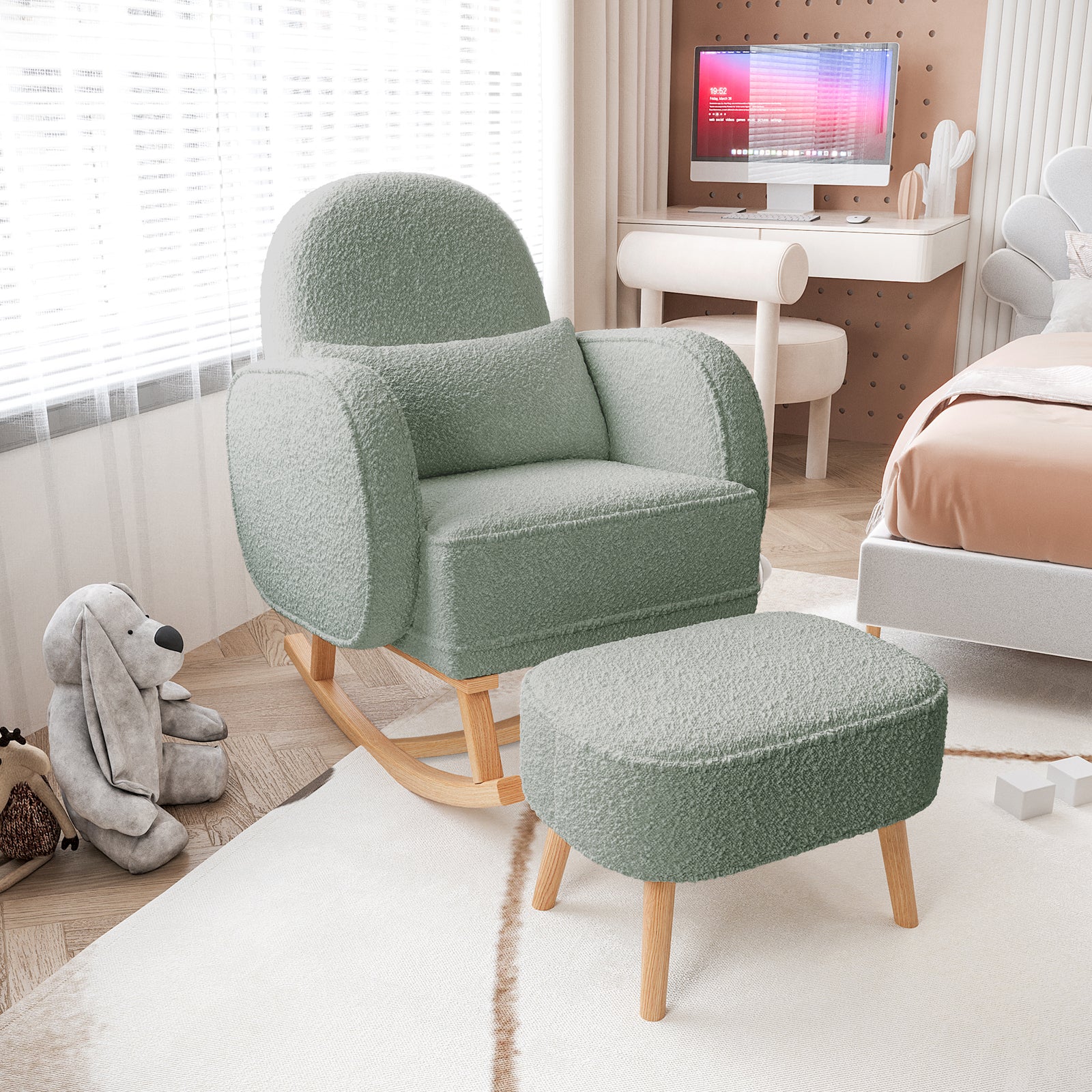 Aura Boucle Rocking Chair with Ottoman in Mint Green features boucle upholstery, light wood legs, and a cozy pastel setup with soft toys, a desk, and a bed in view.