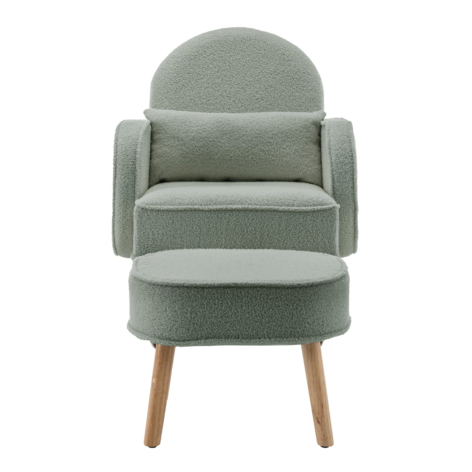 Aura Boucle Rocking Chair with Ottoman in Mint Green, featuring soft light-green boucle upholstery, tapered wooden legs, and a matching ottoman, offering a chic, modern feel perfect for nurseries or lounges.
