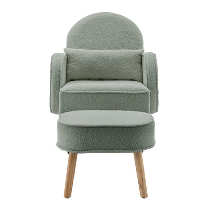Aura Boucle Rocking Chair with Ottoman in Mint Green, featuring soft light-green boucle upholstery, tapered wooden legs, and a matching ottoman, offering a chic, modern feel perfect for nurseries or lounges.