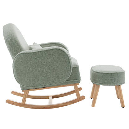 Aura Boucle Rocking Chair with Ottoman in Mint Green, featuring a soft sage-green boucle upholstery, curved wooden rocker base, and included matching footstool with four wooden legs.