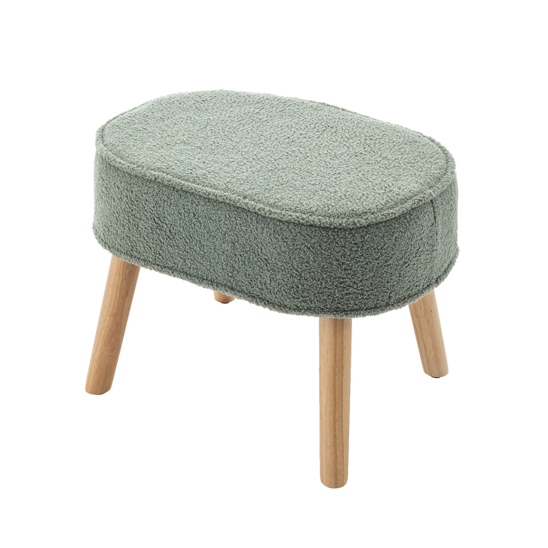 Aura Boucle Rocking Chair with Ottoman in Mint Green, featuring a textured sage-green upholstered ottoman with a rounded cushion top on four natural-wood legs, complementing the modern chair's chic design.