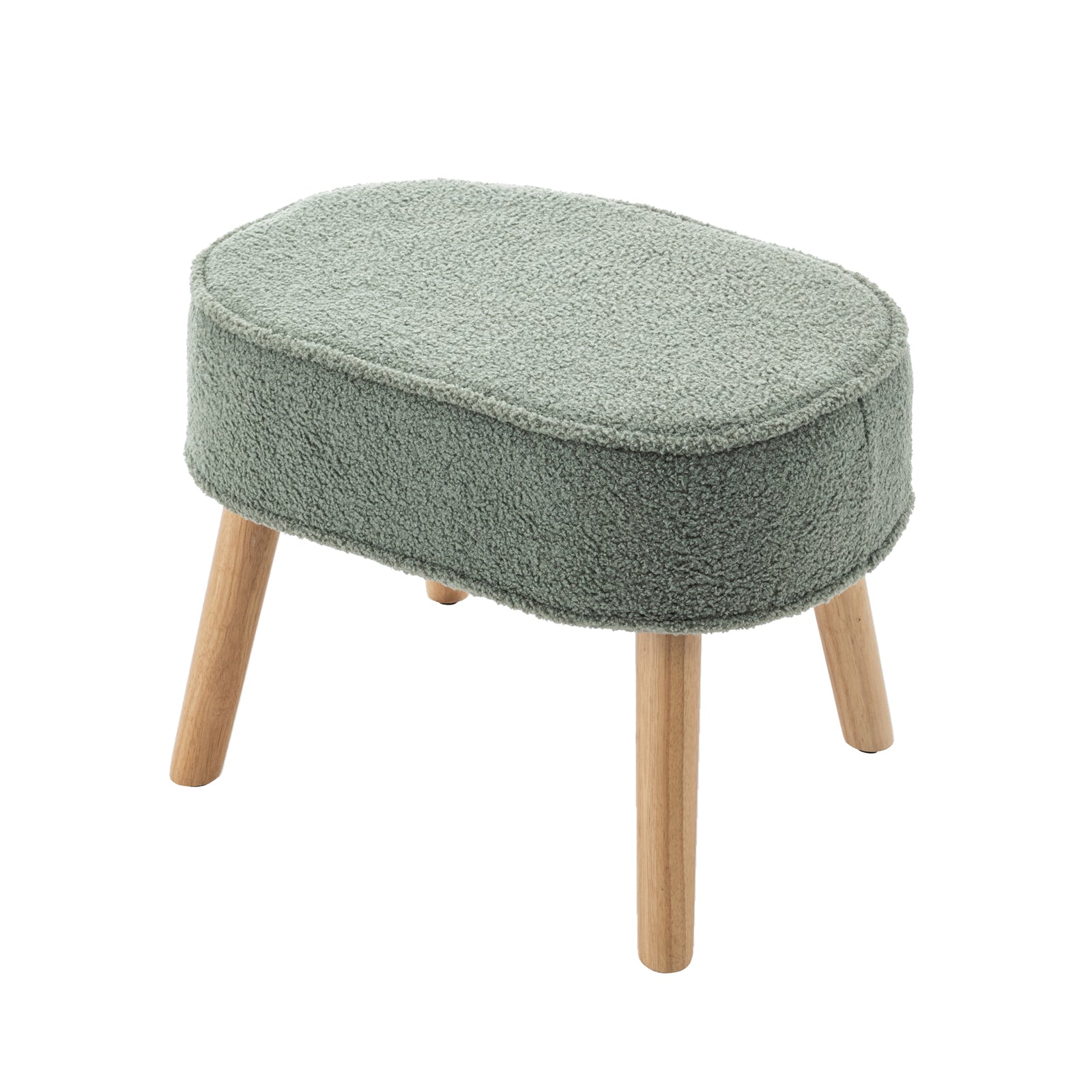 Aura Boucle Rocking Chair with Ottoman in Mint Green, featuring a textured sage-green upholstered ottoman with a rounded cushion top on four natural-wood legs, complementing the modern chair's chic design.