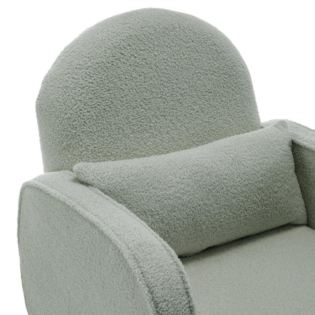 Aura Boucle Rocking Chair with Ottoman in Mint Green, featuring a modern design with soft bouclé upholstery, curved arms, and a matching bolster pillow, offering stylish comfort and support.