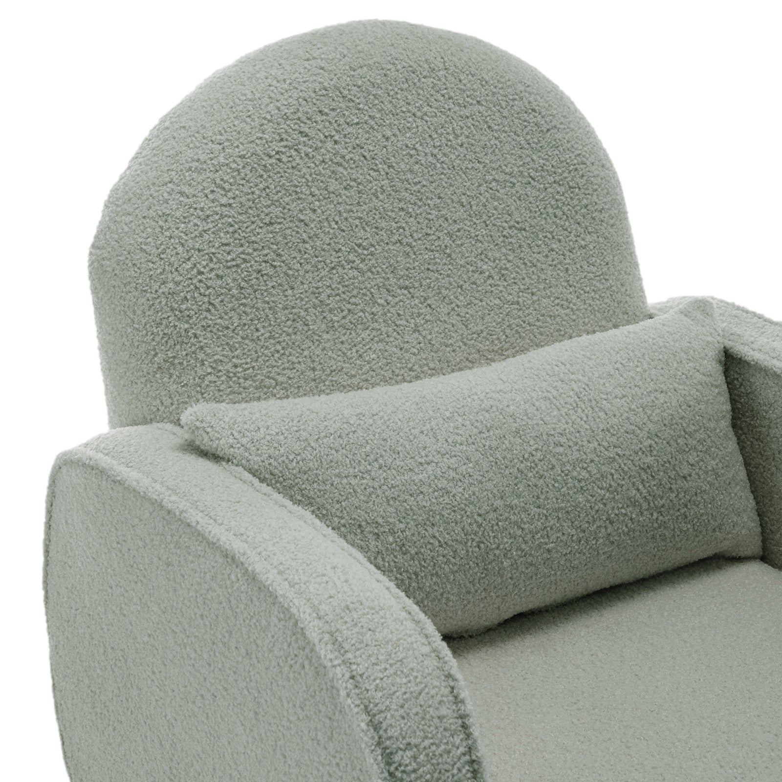 Aura Boucle Rocking Chair with Ottoman in Mint Green, featuring a modern design with soft bouclé upholstery, curved arms, and a matching bolster pillow, offering stylish comfort and support.