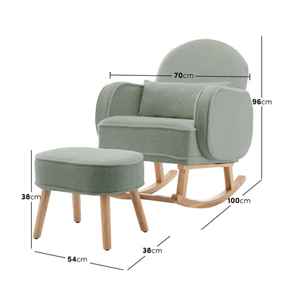 Aura Boucle Rocking Chair with Ottoman in Mint Green, upholstered in soft bouclé, features natural wood rockers and includes a matching footstool, creating a cozy and stylish relaxation spot.