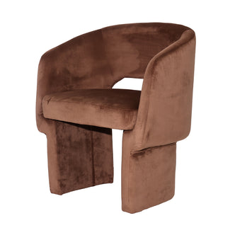 Avela Velvet Fabric Curved Accent Armchair in Mocha Mousse features a plush, chocolate-brown velvet with a curved back, flared armrests, and fabric skirts for a modern, inviting look.