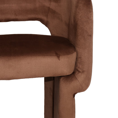 Avela Velvet Fabric Curved Accent Armchair in Mocha Mousse, showcasing its plush, velvety seat and backrest with sleek curves and upholstered leg, exemplifying modern elegance and inviting comfort.
