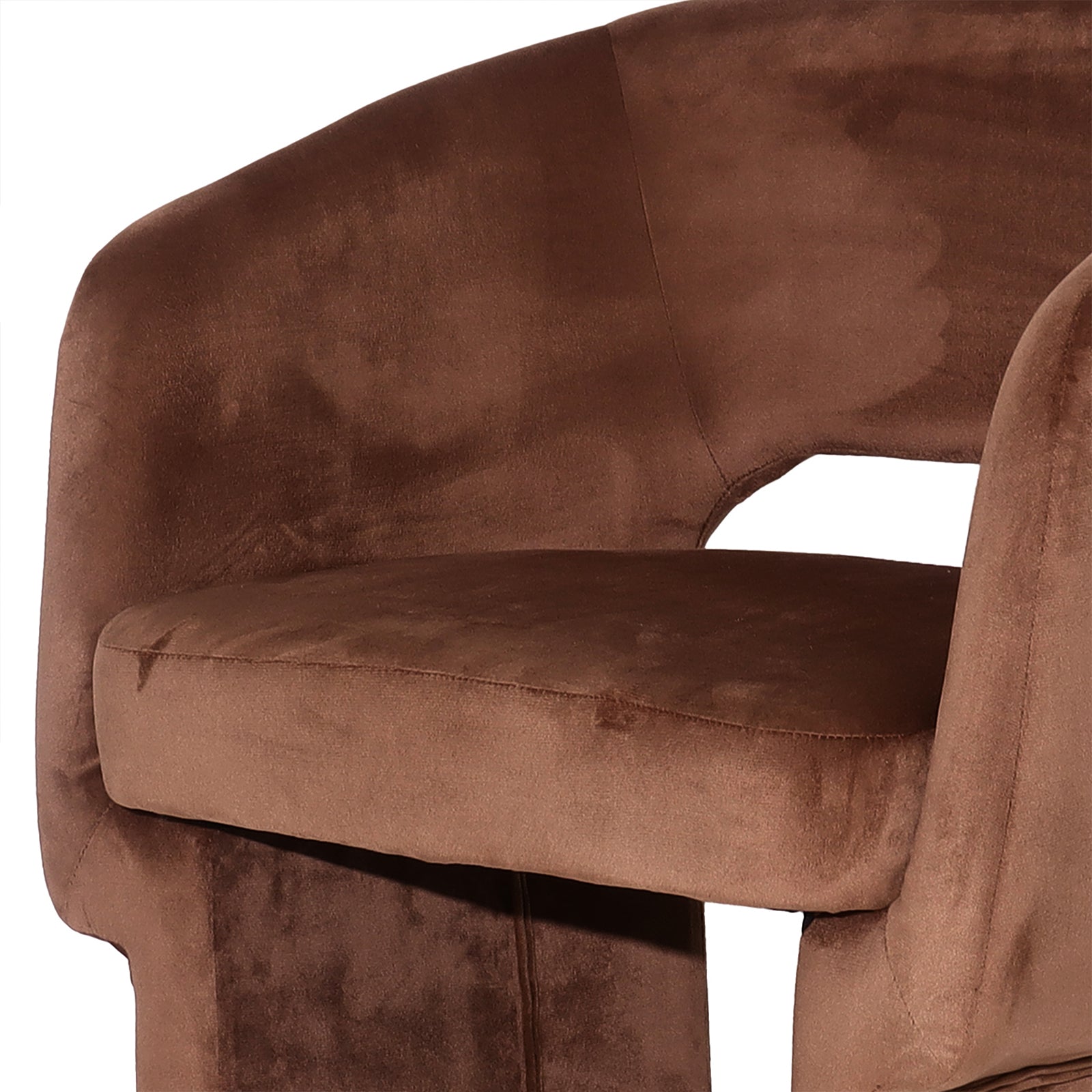 Avela Velvet Fabric Curved Accent Armchair in Mocha Mousse featuring plush velvet upholstery, a curved back, and padded seat, designed for comfort and style with sleek, modern lines and ergonomic support.