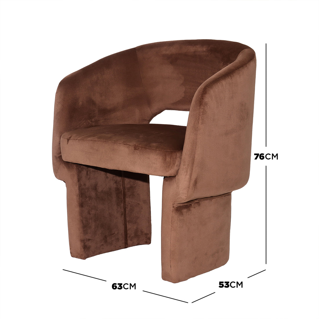 Avela Velvet Fabric Curved Accent Armchair in Mocha Mousse with a rounded back, open lower back cut-out, and chunky legs, showcasing sleek modern design and plush velvet upholstery.