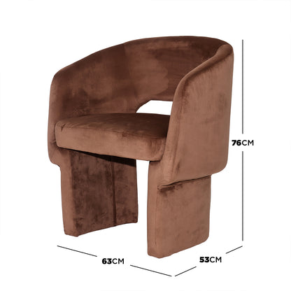 Avela Velvet Fabric Curved Accent Armchair in Mocha Mousse with a rounded back, open lower back cut-out, and chunky legs, showcasing sleek modern design and plush velvet upholstery.