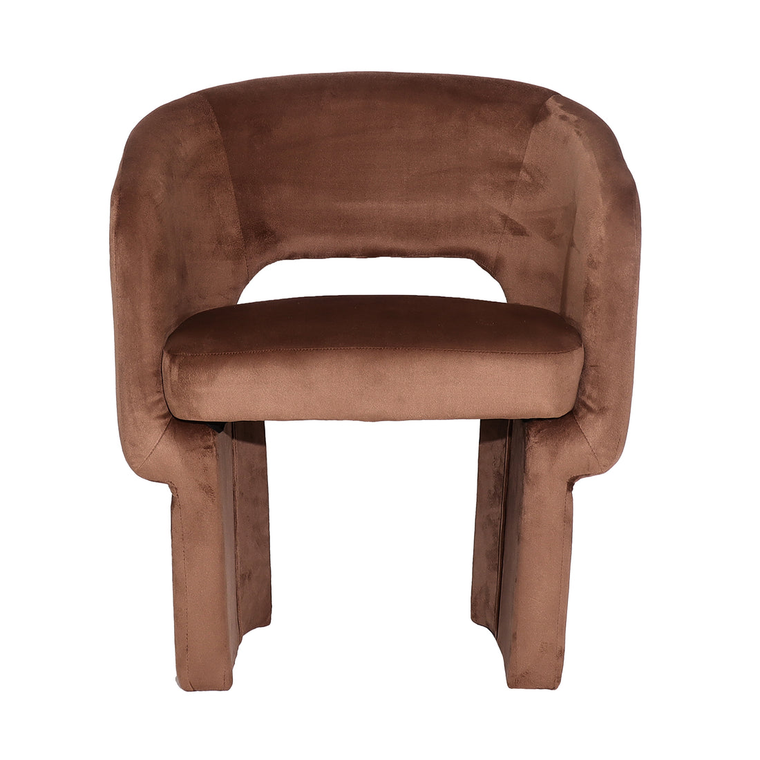 Avela Velvet Fabric Curved Accent Armchair in Mocha Mousse features a modern, open-back design with padded seat and thick legs, offering stylish comfort and elegance in plush velvet upholstery.