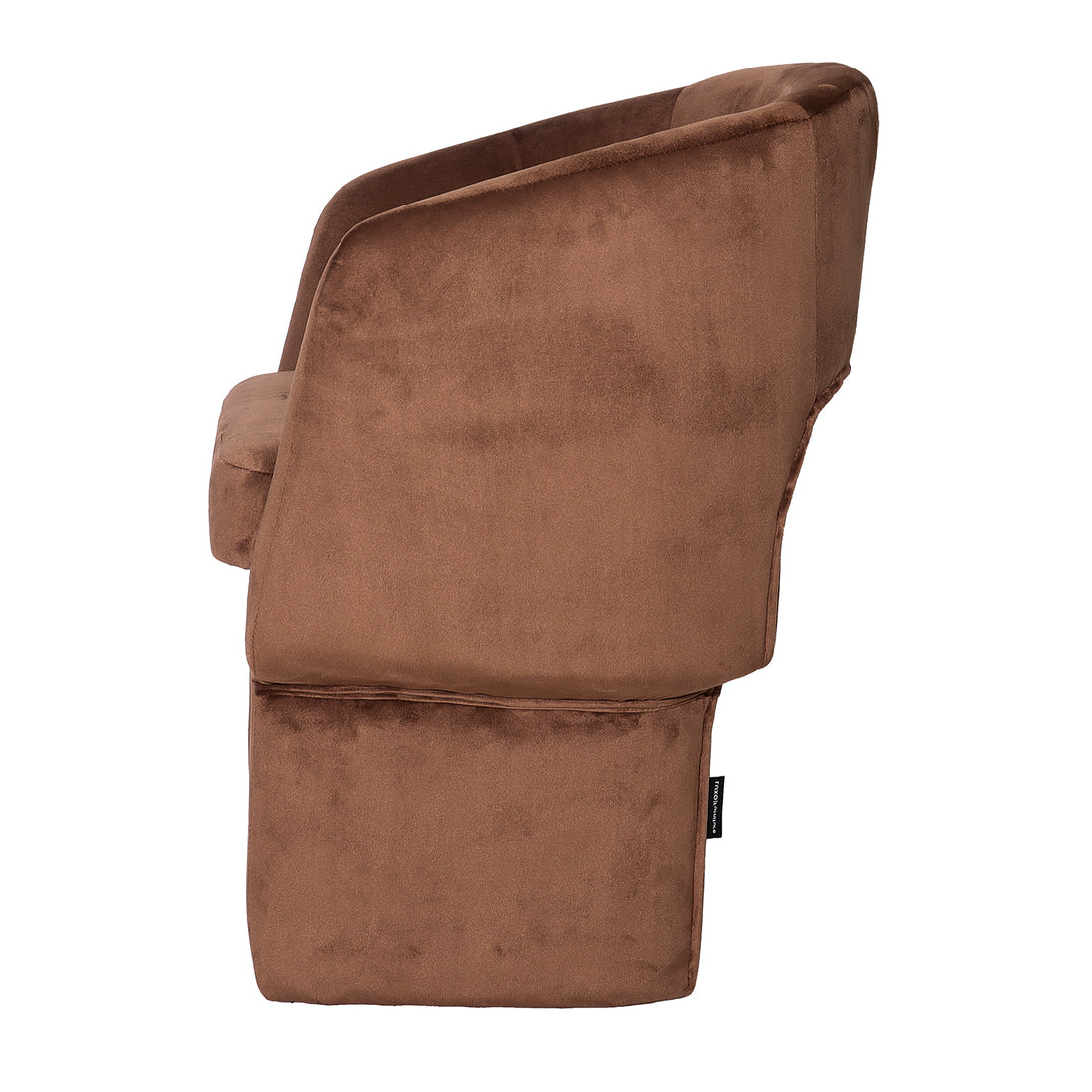 Avela Velvet Fabric Curved Accent Armchair in Mocha Mousse, side view showing a plush, brown velvet upholstery with a rounded seat and gently sloping arm-and-back frame, against a white background.