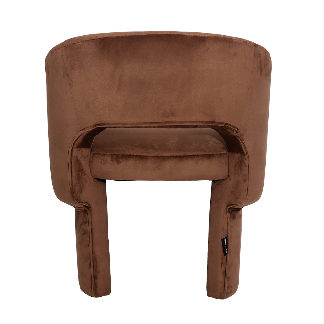 Avela Velvet Fabric Curved Accent Armchair in Mocha Mousse features a plush, velvet-like texture with a gently curved back, short arm-like sides, and thick straight legs, offering modern comfort and style.