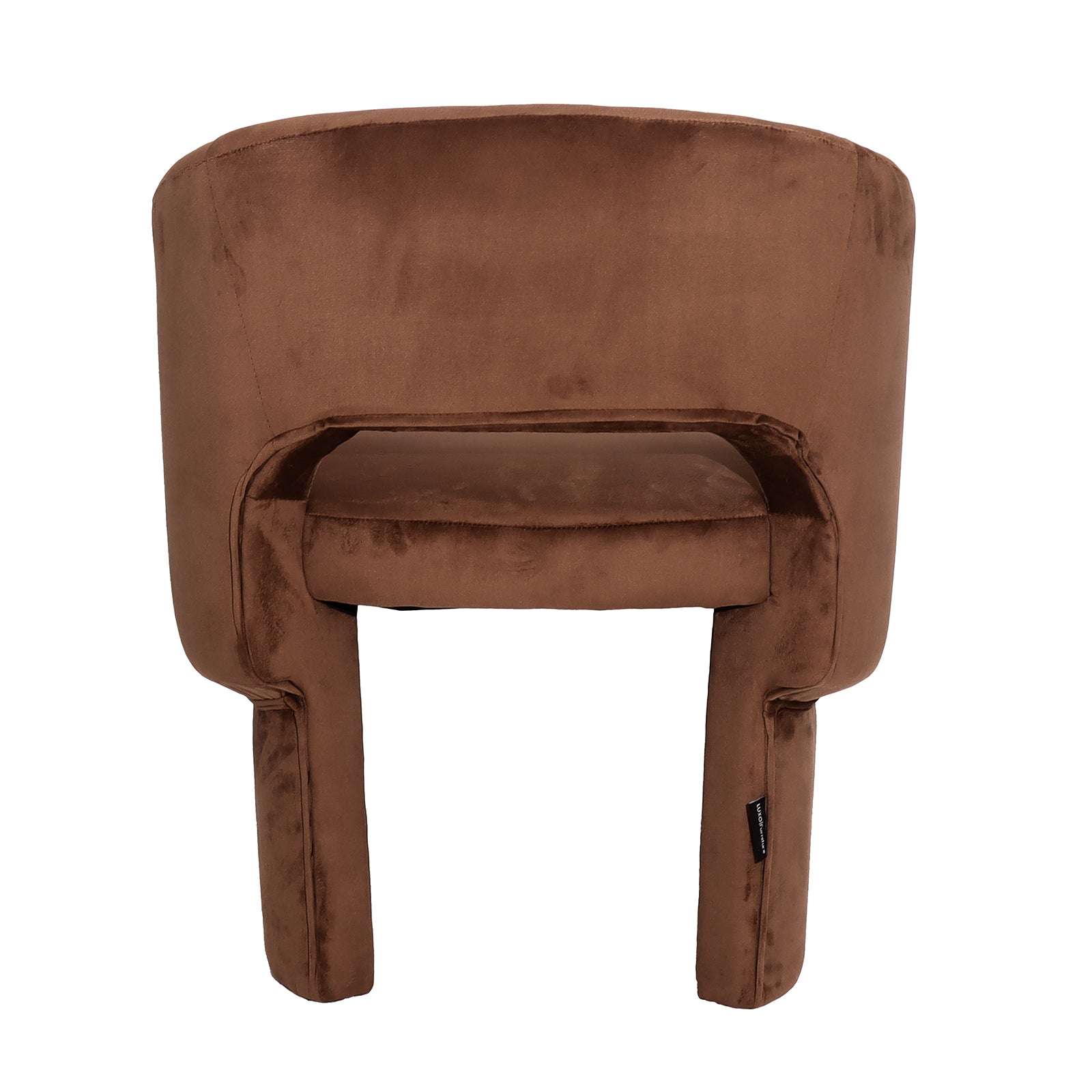 Avela Velvet Fabric Curved Accent Armchair in Mocha Mousse features a plush, velvet-like texture with a gently curved back, short arm-like sides, and thick straight legs, offering modern comfort and style.