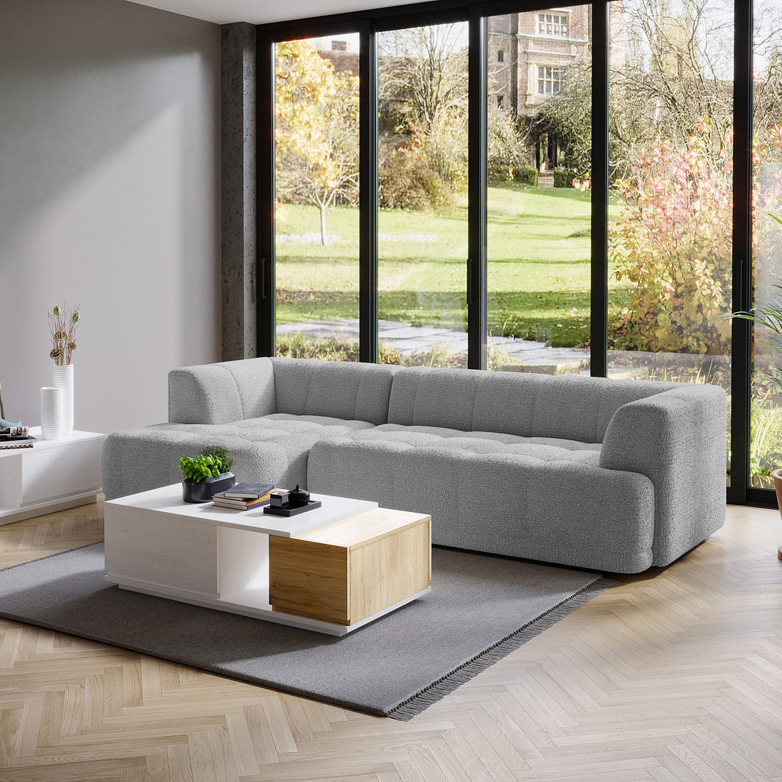 Averill Seater Boucle Fabric Chaise Sofa in Grey – Luxo Living