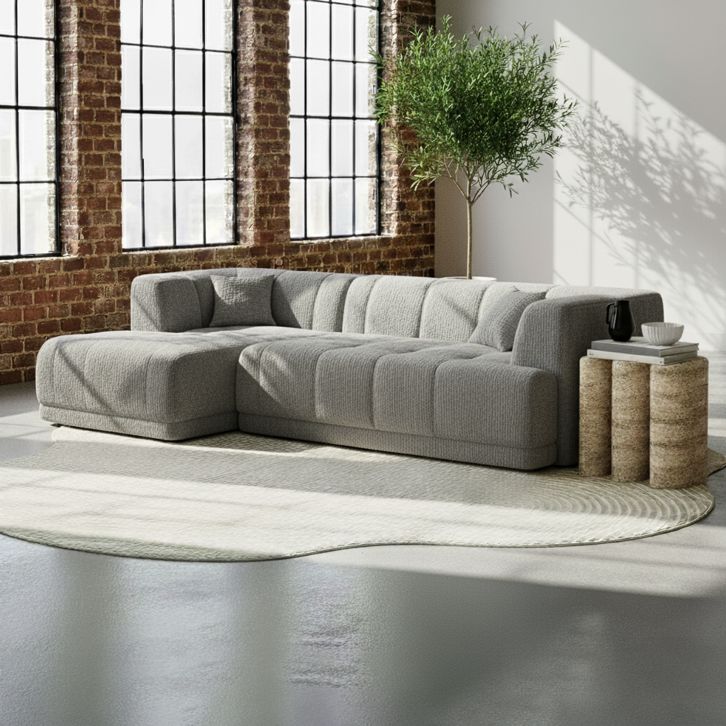 Averill 4 Seater Bouclé Fabric Chaise Sofa in Grey, featuring a modular design, plush cushions, and sleek lines, sits prominently in a sunlit loft with industrial windows and a textured area rug.