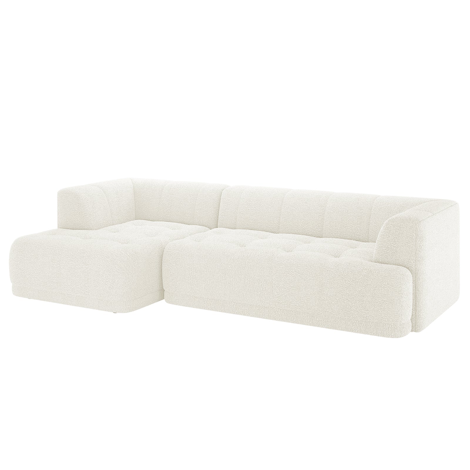 Averill 4 Seater Boucle Fabric Chaise Sofa in Light Beige features a low-profile, modular design with off-white boucle upholstery, two seating modules, a left chaise, subtle tufting, and rounded corners.