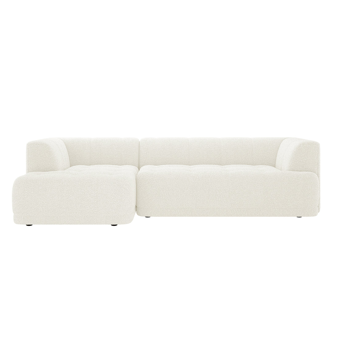 Averill 4 Seater Boucle Fabric Chaise Sofa in Light Beige, showcasing an L-shaped design with soft, white boucle upholstery, rounded corners, and a low-profile silhouette, featuring a left-side chaise lounge.