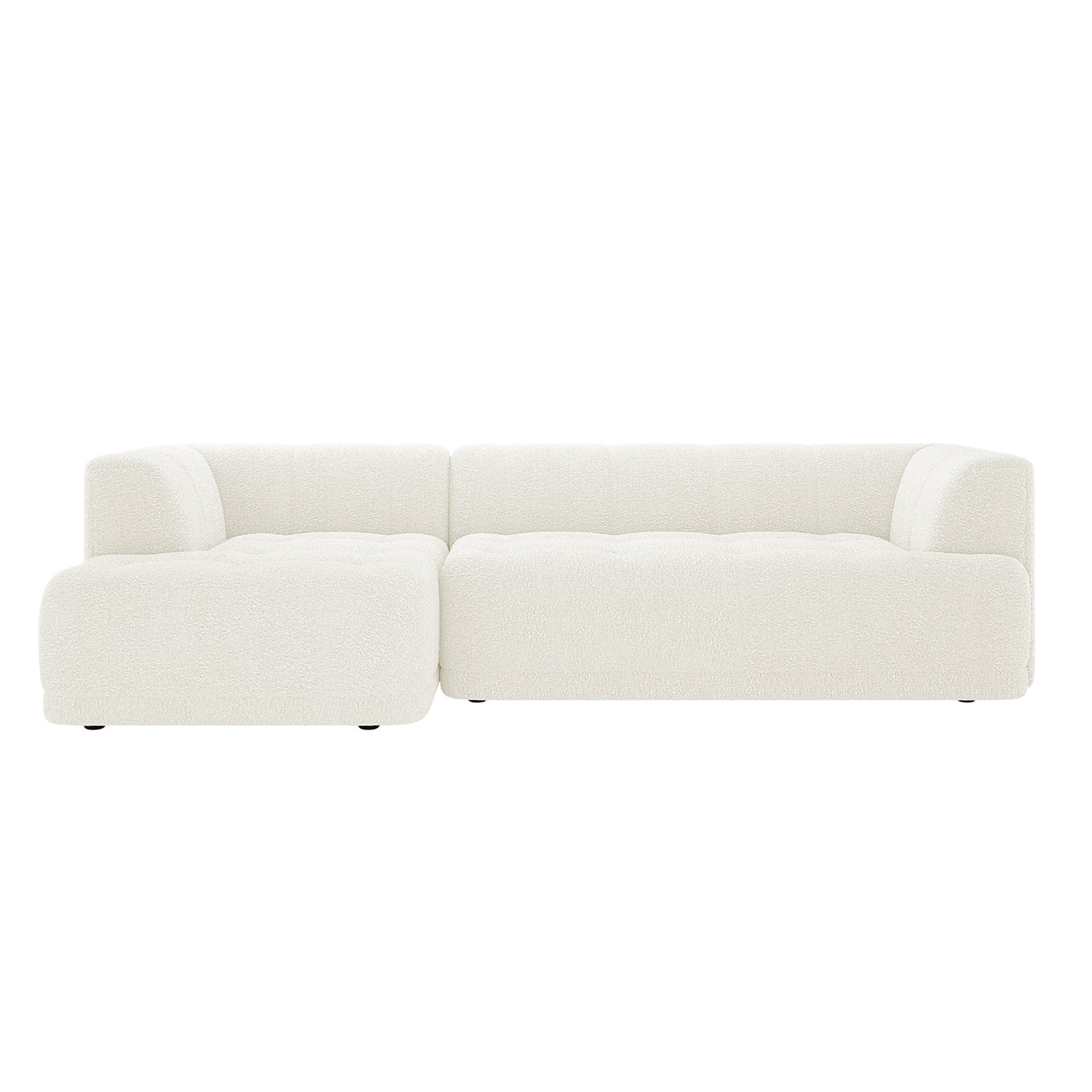 Averill 4 Seater Boucle Fabric Chaise Sofa in Light Beige, showcasing an L-shaped design with soft, white boucle upholstery, rounded corners, and a low-profile silhouette, featuring a left-side chaise lounge.