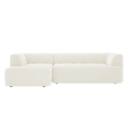 Averill 4 Seater Boucle Fabric Chaise Sofa in Light Beige, showcasing an L-shaped design with soft, white boucle upholstery, rounded corners, and a low-profile silhouette, featuring a left-side chaise lounge.