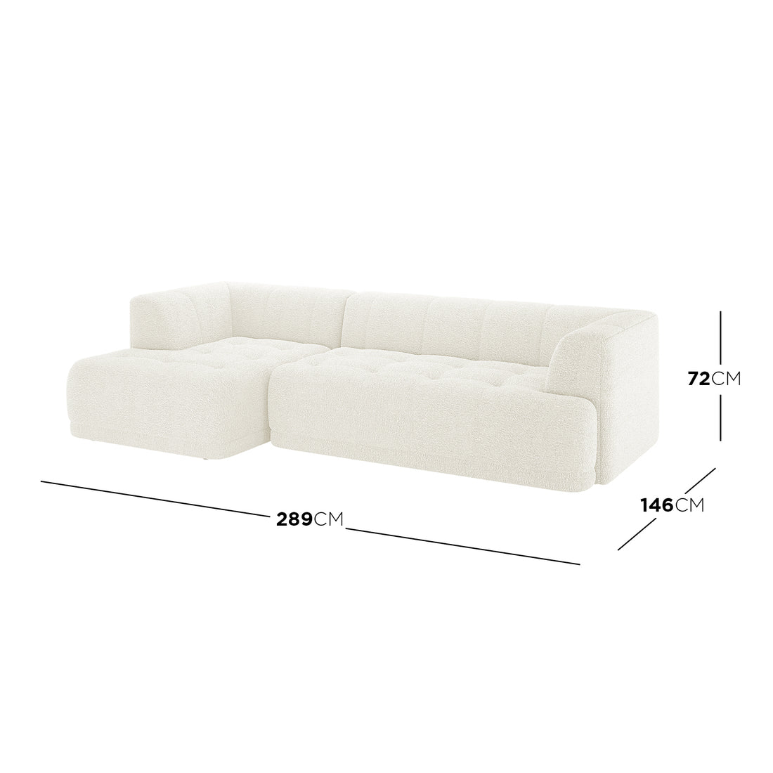 Averill 4 Seater Boucle Fabric Chaise Sofa in Light Beige, showcasing an L-shaped design with chaise on the left, upholstered in off-white bouclé fabric, dimensions labeled: 289cm wide, 146cm deep, 72cm tall.