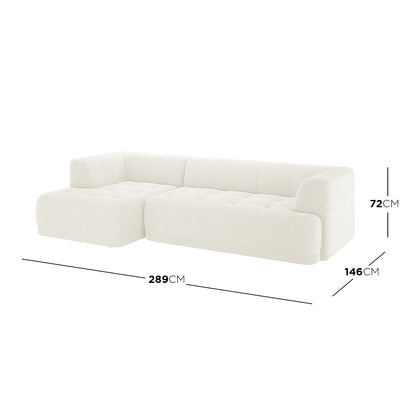 Averill 4 Seater Boucle Fabric Chaise Sofa in Light Beige, showcasing an L-shaped design with chaise on the left, upholstered in off-white bouclé fabric, dimensions labeled: 289cm wide, 146cm deep, 72cm tall.