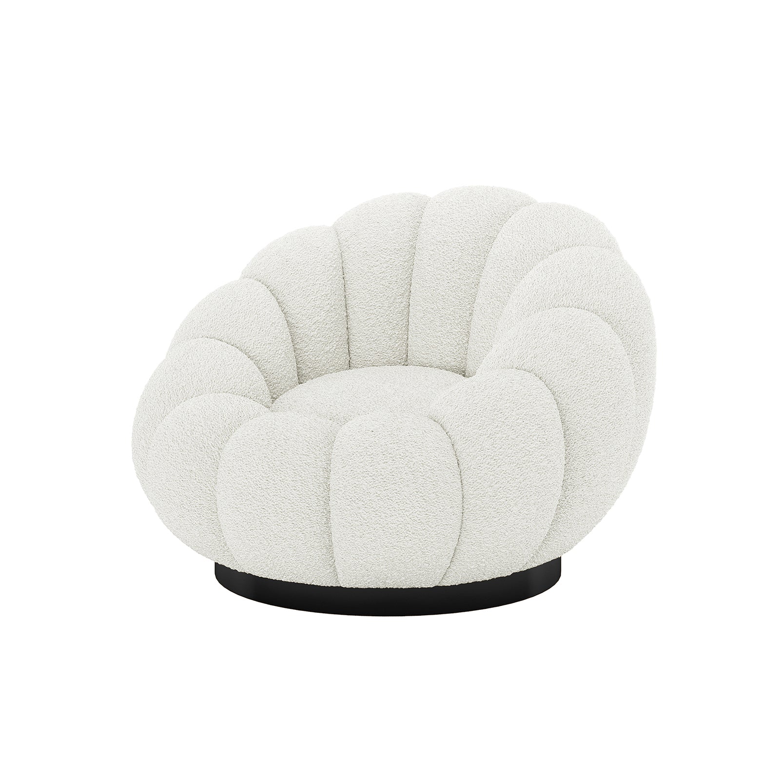 Beare Boucle Swivel Accent Chair in Cream White features a low, rounded design with scallop-like padded petals, upholstered in soft bouclé fabric, on a black circular swivel base.