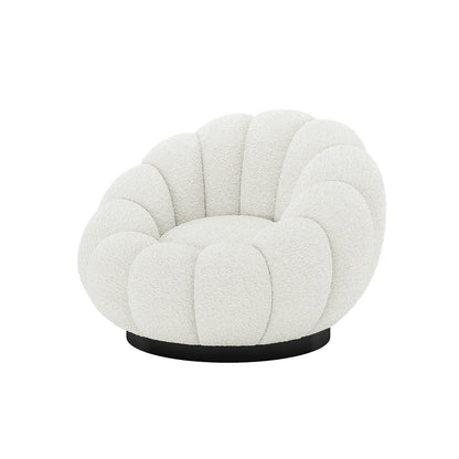 Beare Boucle Swivel Accent Chair in Cream White features a low, rounded design with scallop-like padded petals, upholstered in soft bouclé fabric, on a black circular swivel base.