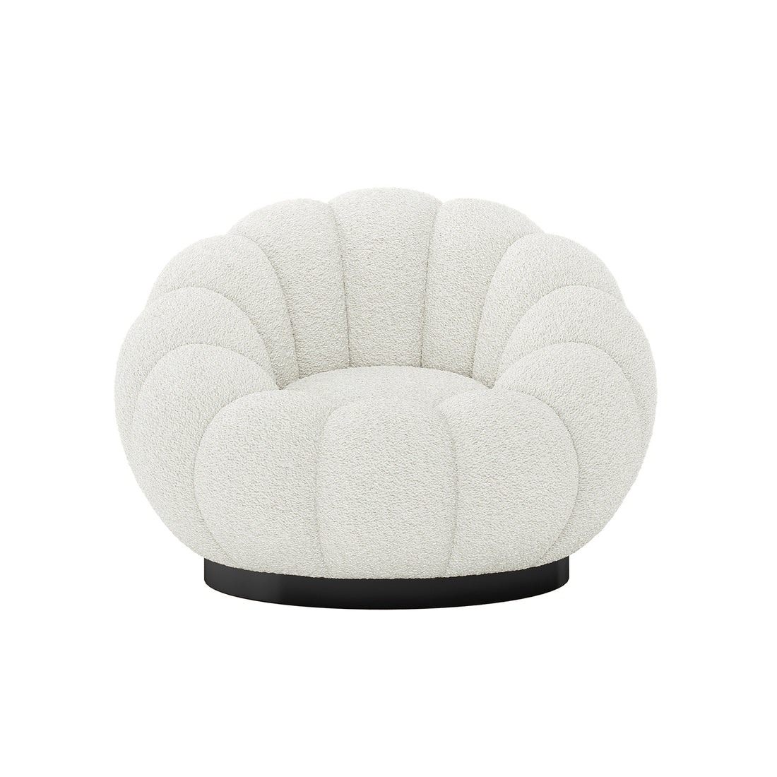 Beare Boucle Swivel Accent Chair in Cream White featuring a scalloped, shell-like back and sides, upholstered in textured bouclé fabric, with a round black swivel base.