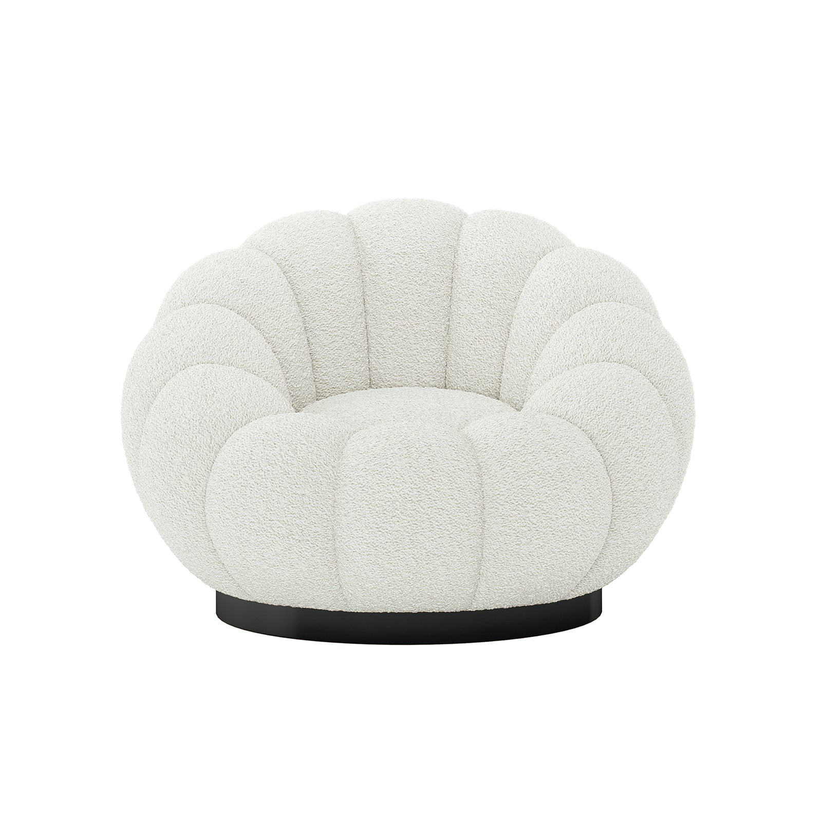 Beare Boucle Swivel Accent Chair in Cream White featuring a scalloped, shell-like back and sides, upholstered in textured bouclé fabric, with a round black swivel base.