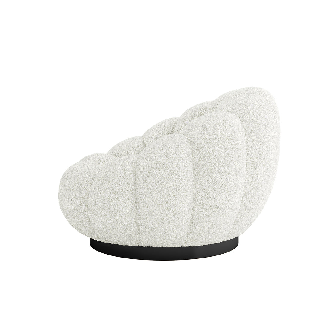 Beare Boucle Swivel Accent Chair in Cream White, featuring a shell-like silhouette with scallop-shaped segments. Upholstered in textured bouclé fabric, it sits on a low, circular black swivel base.