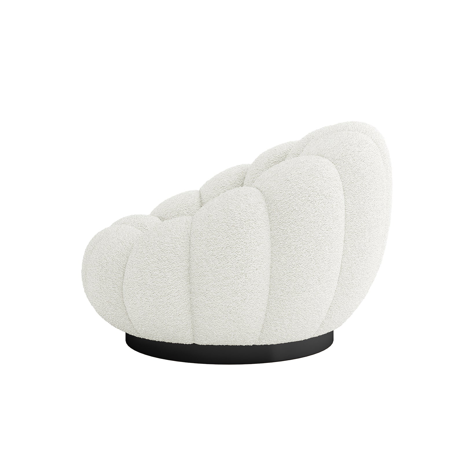 Beare Boucle Swivel Accent Chair in Cream White, featuring a shell-like silhouette with scallop-shaped segments. Upholstered in textured bouclé fabric, it sits on a low, circular black swivel base.