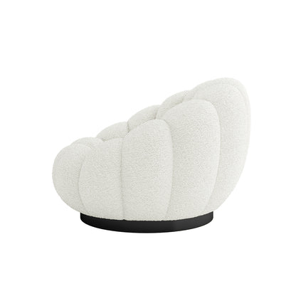 Beare Boucle Swivel Accent Chair in Cream White, featuring a shell-like silhouette with scallop-shaped segments. Upholstered in textured bouclé fabric, it sits on a low, circular black swivel base.