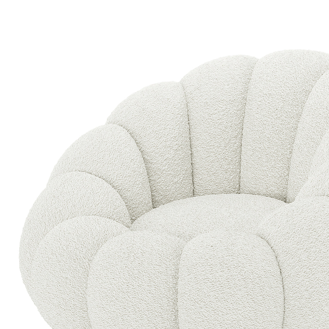 Beare Boucle Swivel Accent Chair in Cream White with plush petal-style design, scalloped segments, and soft bouclé fabric, highlighting its elegant texture and 360-degree swivel functionality.
