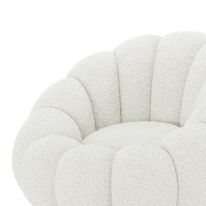 Beare Boucle Swivel Accent Chair in Cream White with plush petal-style design, scalloped segments, and soft bouclé fabric, highlighting its elegant texture and 360-degree swivel functionality.