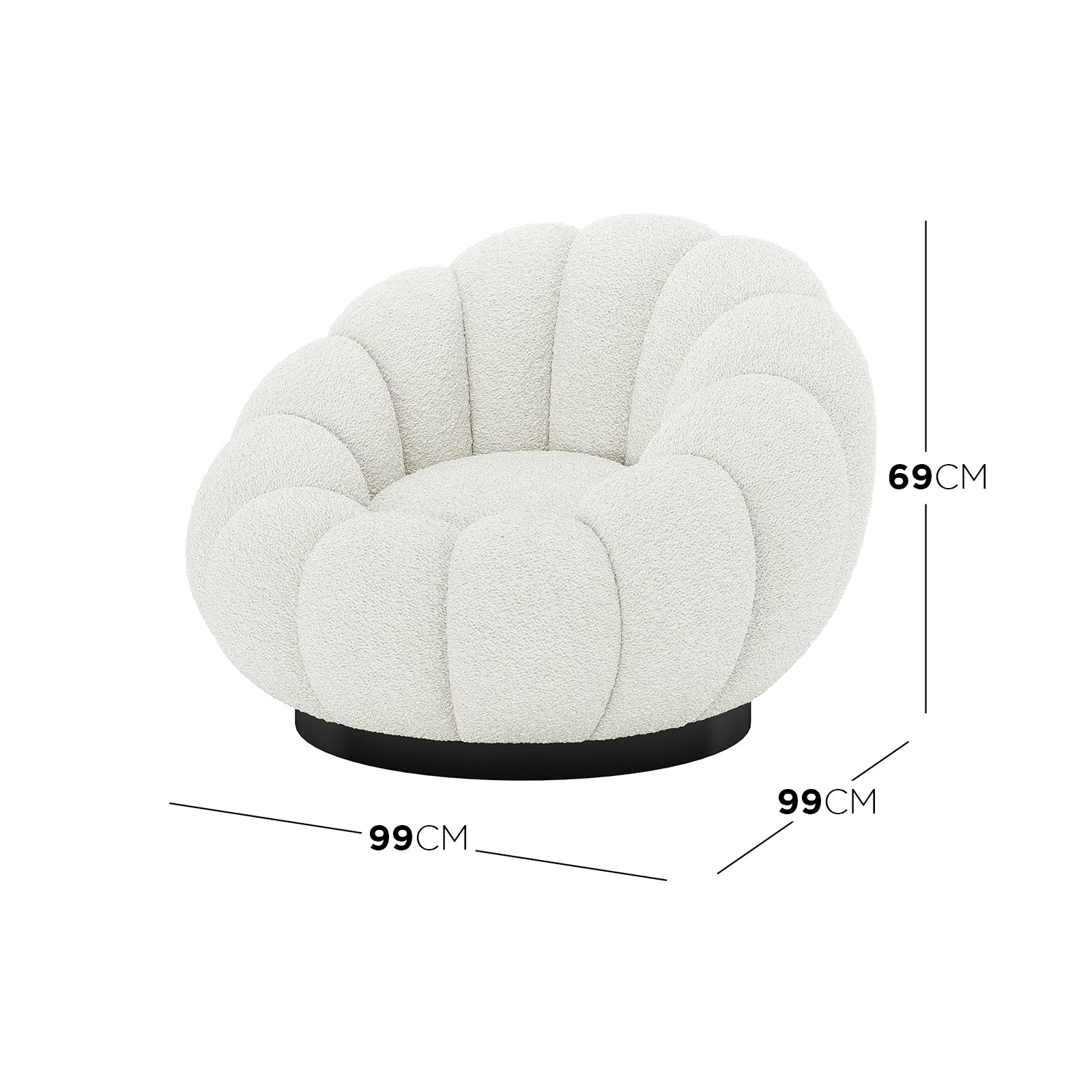 Beare Boucle Swivel Accent Chair in Cream White, featuring a round, scallop-shaped design with off-white bouclé fabric on a low, black circular base, offering a modern and cosy look.