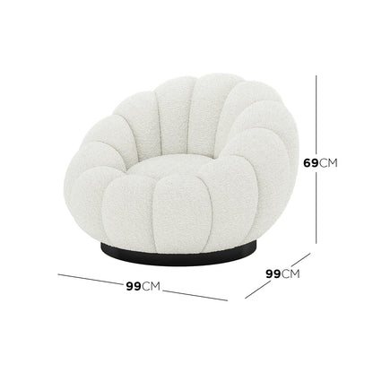 Beare Boucle Swivel Accent Chair in Cream White, featuring a round, scallop-shaped design with off-white bouclé fabric on a low, black circular base, offering a modern and cosy look.