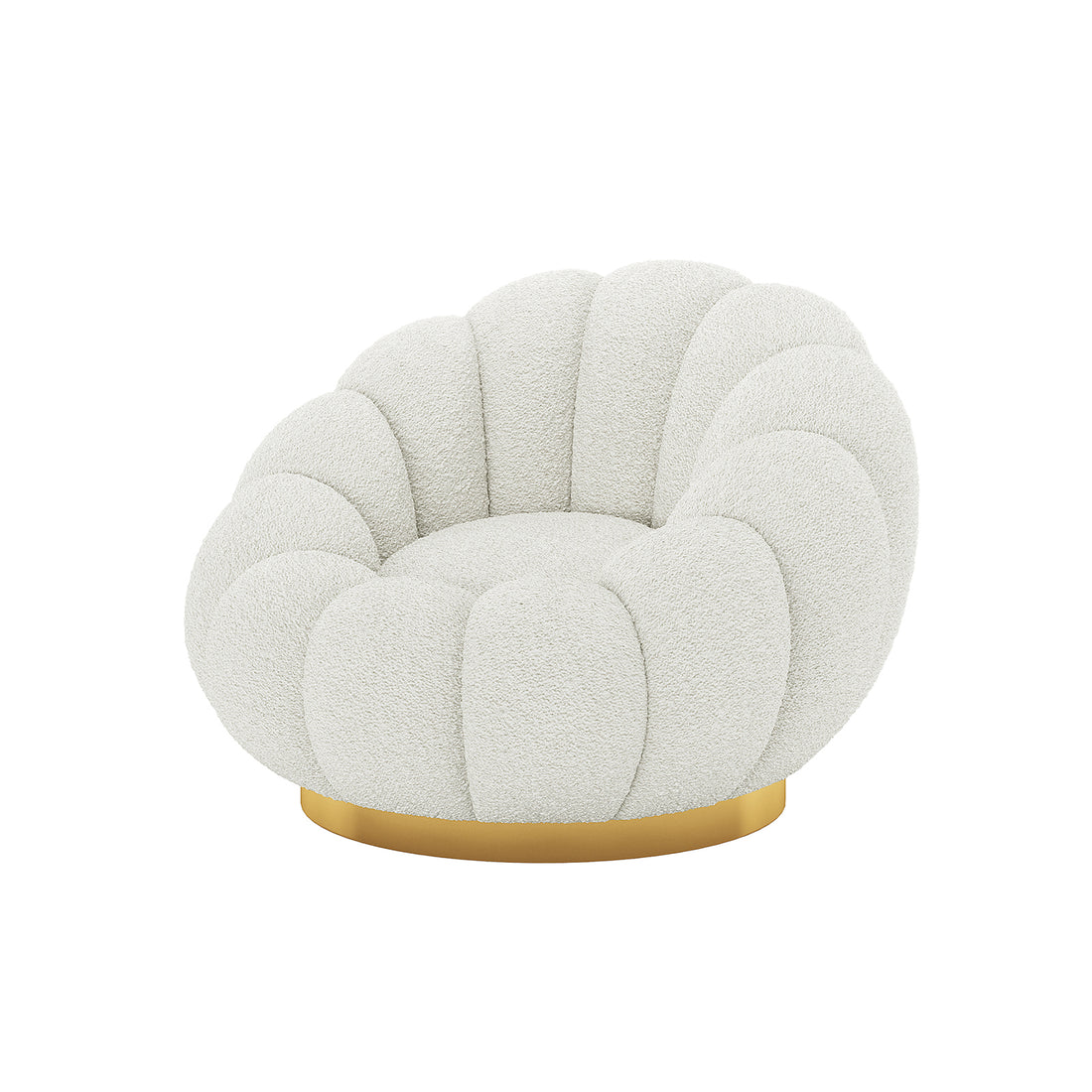 Beare Boucle Swivel Gold Base Accent Chair in Cream White with a scalloped back, off-white bouclé upholstery, petal-style cushioning, and a sleek gold-tone metal swivel base.