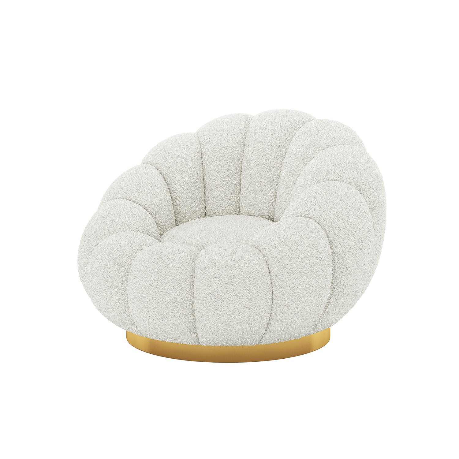 Beare Boucle Swivel Gold Base Accent Chair in Cream White with a scalloped back, off-white bouclé upholstery, petal-style cushioning, and a sleek gold-tone metal swivel base.