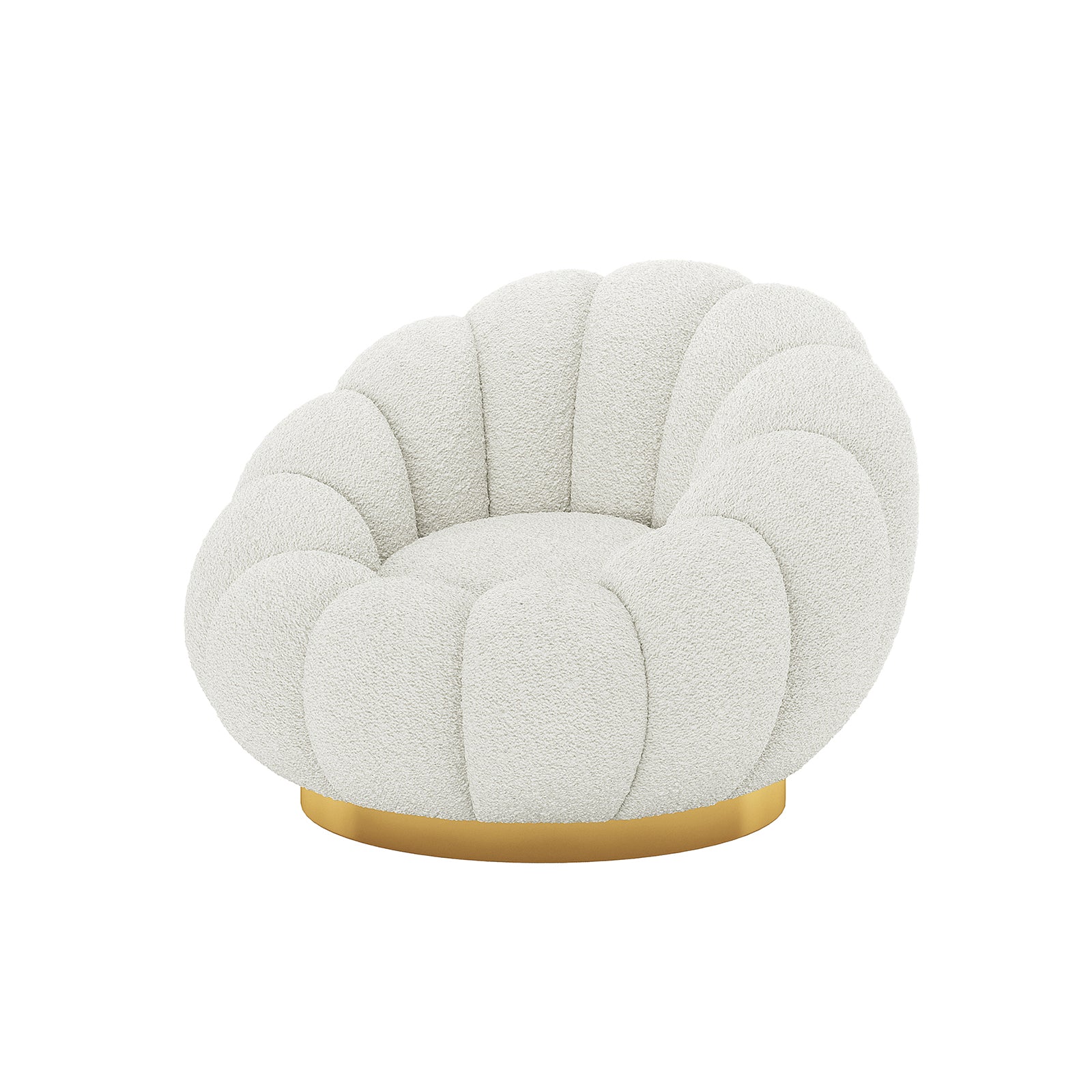 Beare Boucle Swivel Gold Base Accent Chair in Cream White with a scalloped back, off-white bouclé upholstery, petal-style cushioning, and a sleek gold-tone metal swivel base.