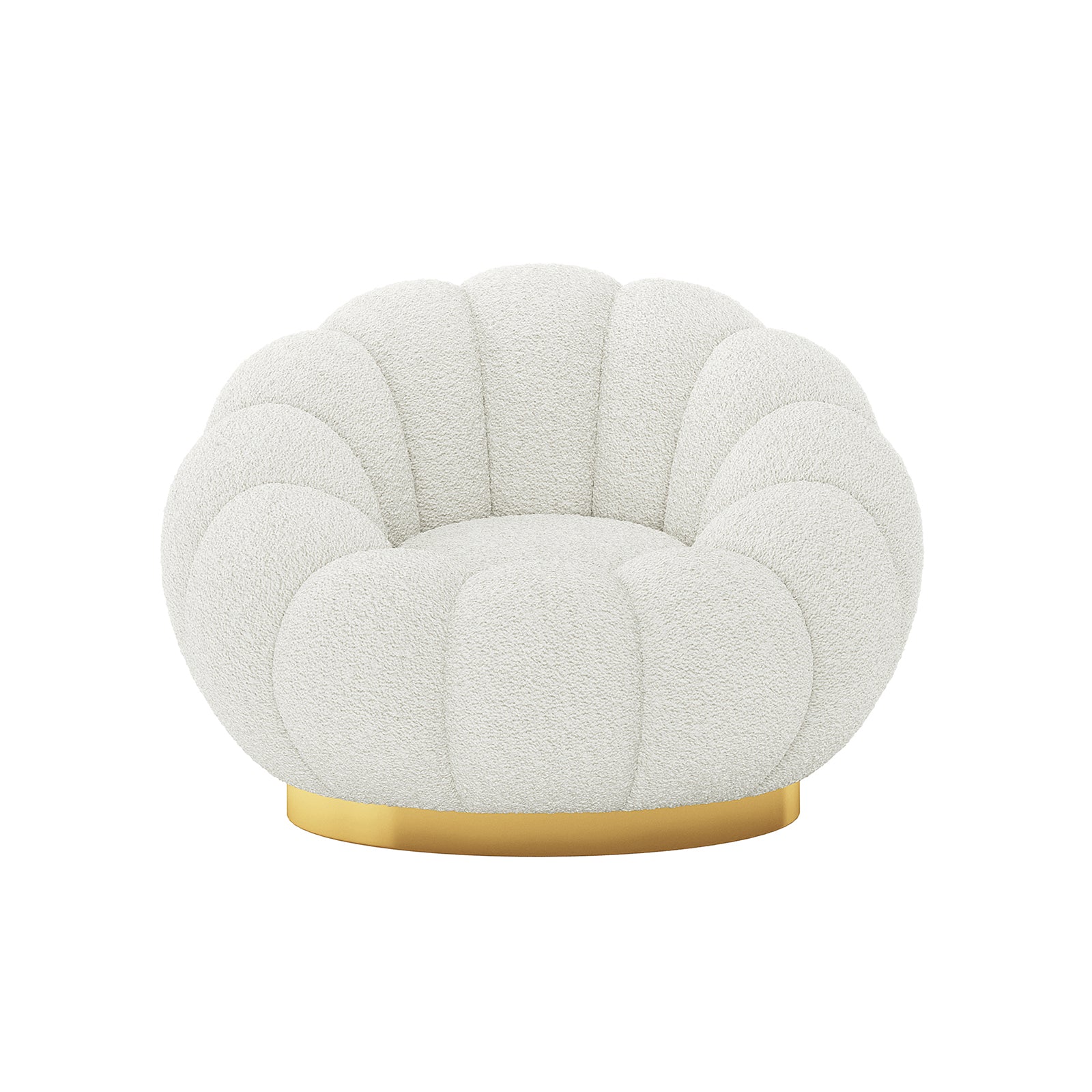 Beare Boucle Swivel Gold Base Accent Chair in Cream White, featuring a scalloped shell shape, boucle upholstery, and a gold-tone metal base, offering a luxurious, modern seating option.