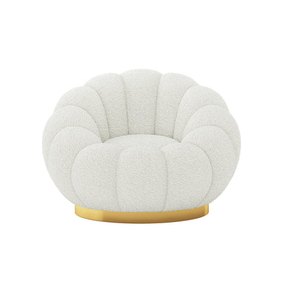Beare Boucle Swivel Gold Base Accent Chair in Cream White, featuring a scalloped shell shape, boucle upholstery, and a gold-tone metal base, offering a luxurious, modern seating option.