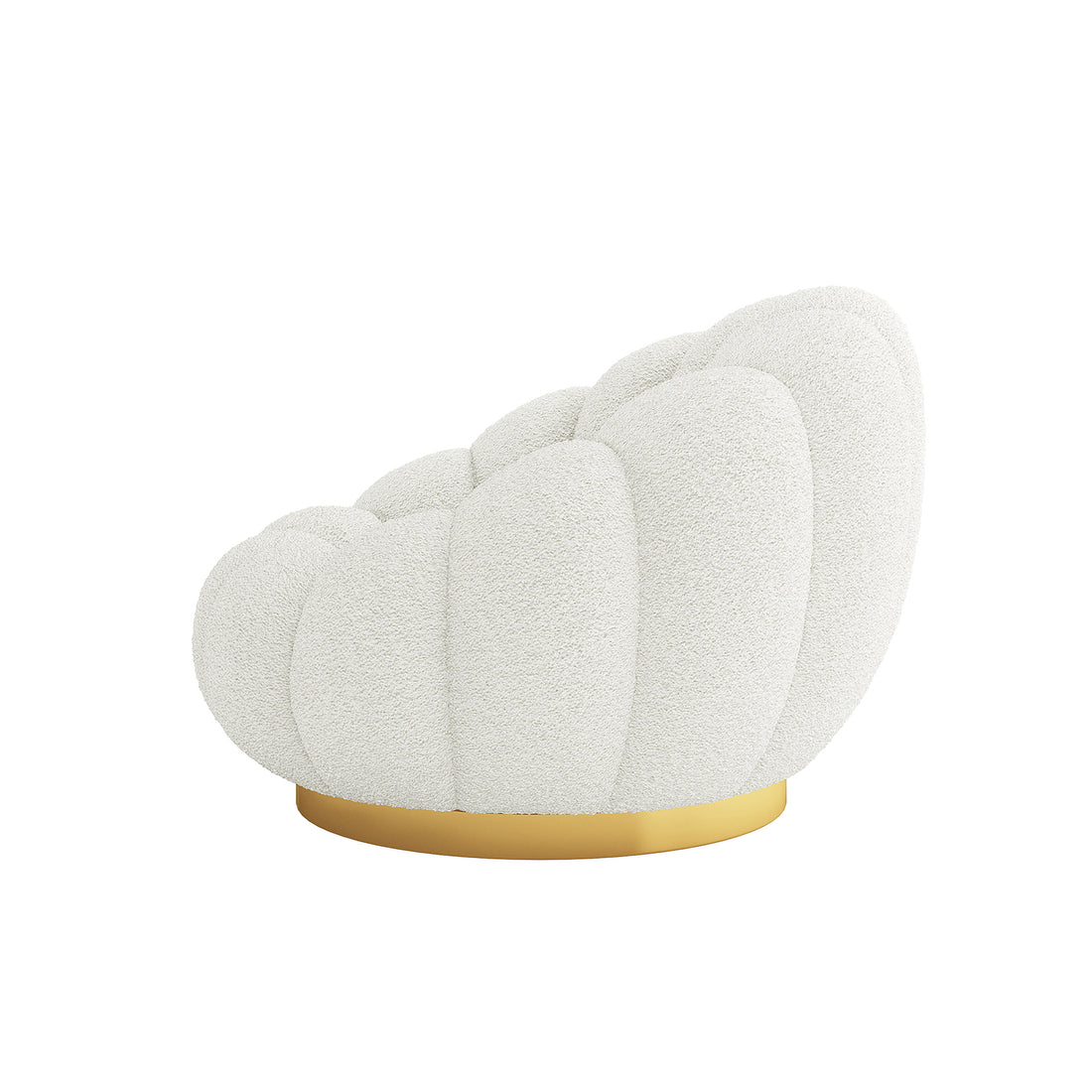 Beare Boucle Swivel Gold Base Accent Chair in Cream White features a plush, cloud-like form with scalloped bouclé segments and a warm gold metal base, exuding luxury and modern elegance.