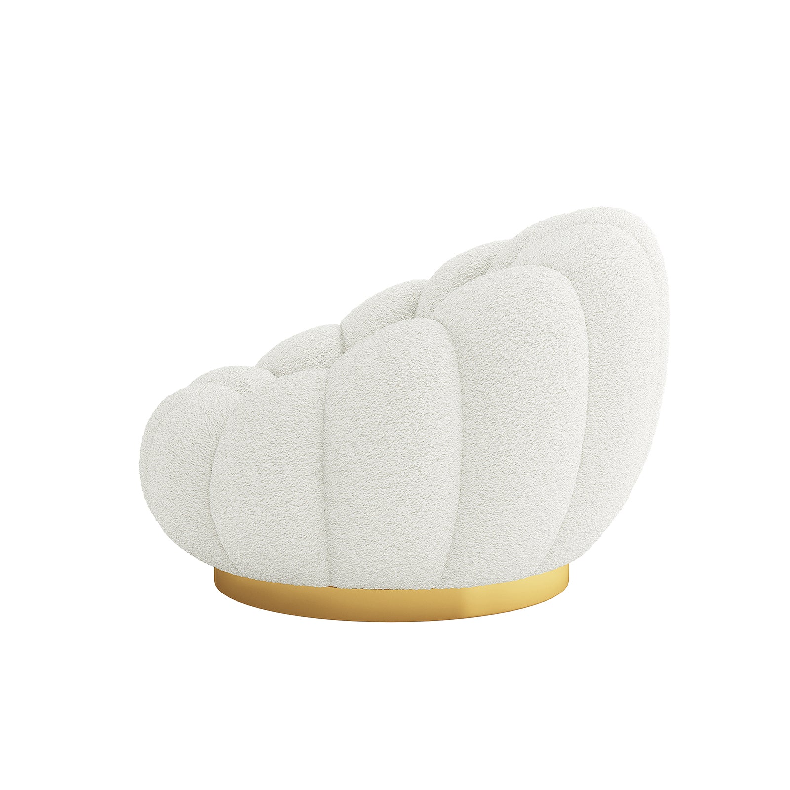 Beare Boucle Swivel Gold Base Accent Chair in Cream White features a plush, cloud-like form with scalloped bouclé segments and a warm gold metal base, exuding luxury and modern elegance.
