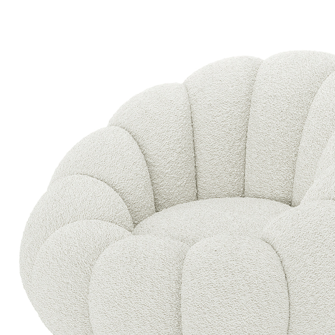 Beare Boucle Swivel Gold Base Accent Chair in Cream White, featuring a plush, shell-like tufted back and seat with nubby bouclé texture, atop a sleek gold swivel base for modern elegance.
