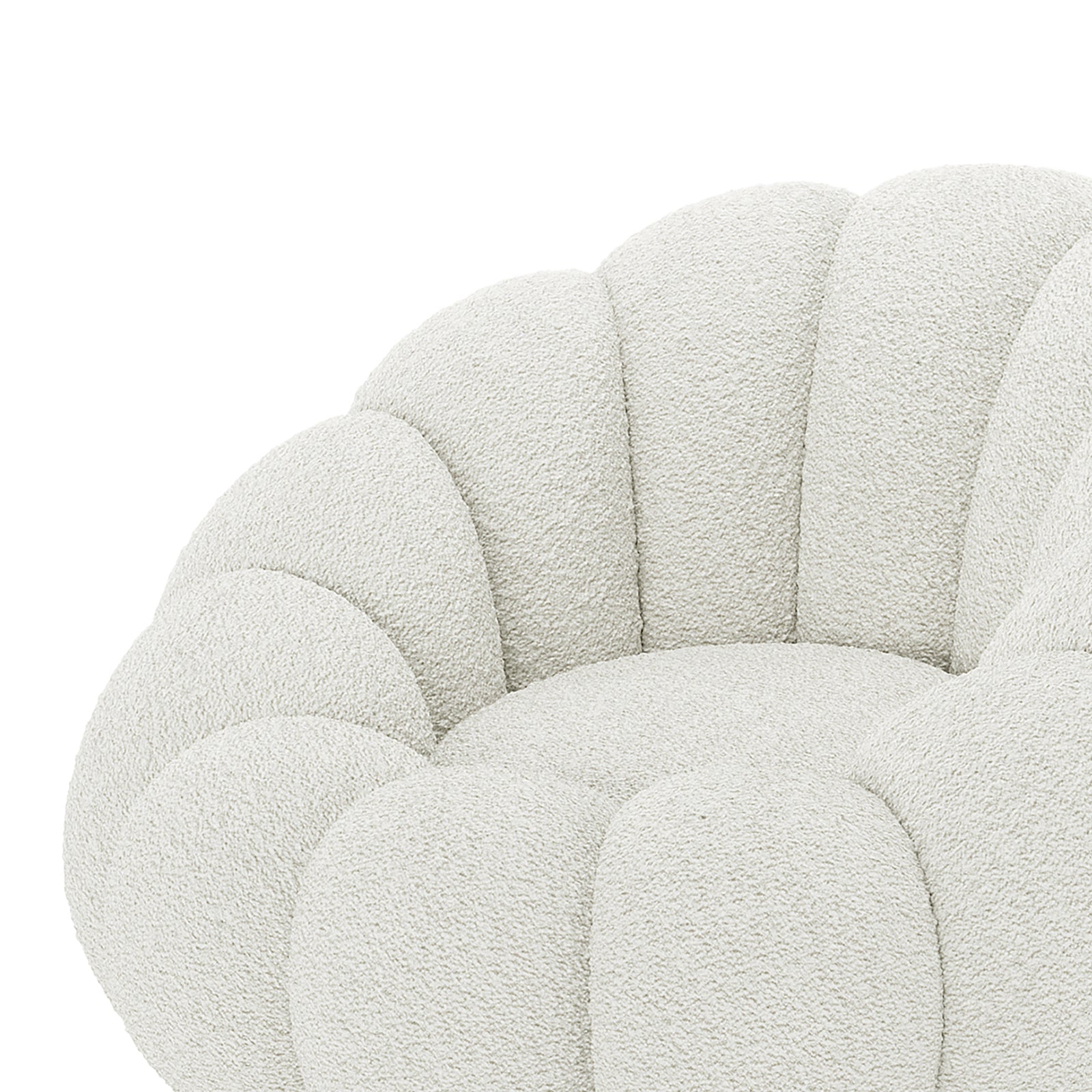 Beare Boucle Swivel Gold Base Accent Chair in Cream White, featuring a plush, shell-like tufted back and seat with nubby bouclé texture, atop a sleek gold swivel base for modern elegance.