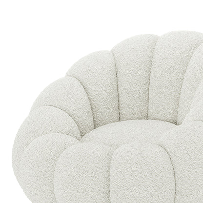 Beare Boucle Swivel Gold Base Accent Chair in Cream White, featuring a plush, shell-like tufted back and seat with nubby bouclé texture, atop a sleek gold swivel base for modern elegance.